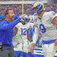 Rams head coach Sean McVay celebrates a third-quarter touchdown throw by Matthew Stafford against the Tampa Bay Buccaneers at SoFi Stadium.